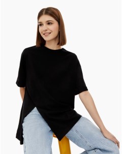Чёрная футболка superoversize с разрезом женская Gloria jeans