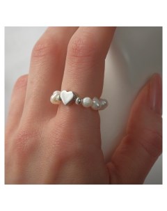 Кольцо сердечко камней Жемчуг крупный гематит цвет серебро 19 размер Nnb
