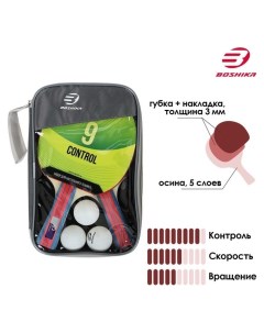 Набор для настольного тенниса Control 9 2 ракетки 3 мяча губка 1 8 мм коническая ручка Boshika