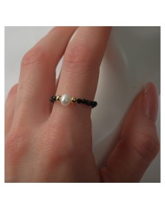 Кольцо бусина Жемчуг на шпинели цвет чёрный с золотом 16 размер Nnb