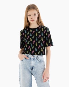 Черная укороченная футболка с ананасами для девочки Gloria jeans
