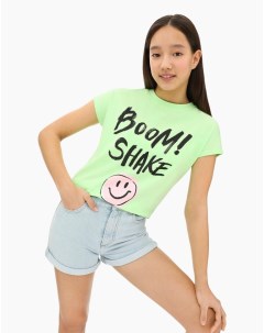 Светло зелёная футболка oversize с надписью Boom Shake для девочки Gloria jeans