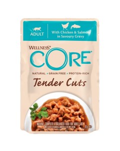 Корм для кошек Tender Cuts нежные кусочки курицы и лосося в пикантном соусе пауч 85г Core