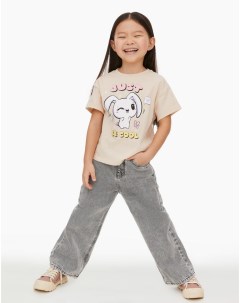 Бежевая футболка oversize с объёмным принтом для девочки Gloria jeans
