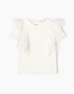 Молочная футболка с оборками из сетки для девочки Gloria jeans