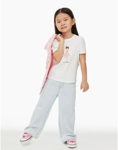 Молочная футболка с принтом и аппликацией для девочки Gloria jeans