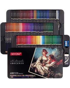 Набор карандашей акварельных Nyoni 100 цв, деревянные, заточенные, в металлической коробке, кисть си Neva