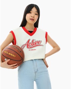 Молочный спортивный кроп топ oversize с принтом Active для девочки Gloria jeans