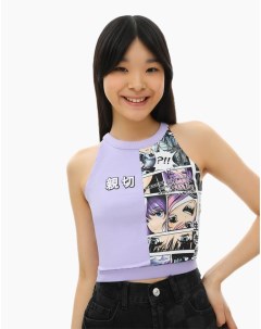 Фиолетовый кроп топ с аниме принтом для девочки Gloria jeans