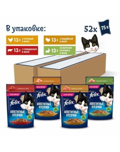 Аппетитные кусочки влажный корм для кошек с курицей с индейкой с кроликом и с говядиной в желе в пау Felix