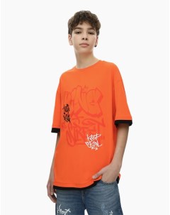 Оранжевая футболка со вставками и принтом для мальчика Gloria jeans