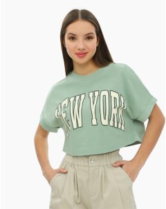 Зелёная укороченная футболка oversize с принтом для девочки Gloria jeans
