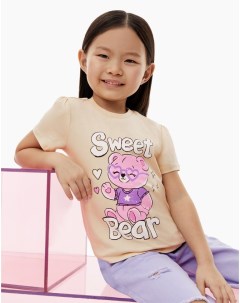 Бежевая футболка с медвежонком Sweet Bear для девочки Gloria jeans