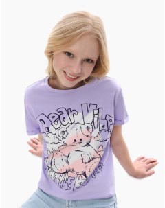 Сиреневая футболка с принтом Bear для девочки Gloria jeans