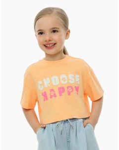 Оранжевая укороченная футболка oversize с принтом для девочки Gloria jeans