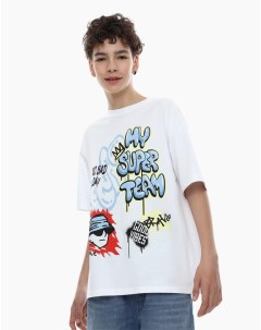 Белая футболка Oversize с граффити принтом для мальчика Gloria jeans