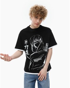 Чёрная футболка со вставками и аниме принтом для мальчика Gloria jeans