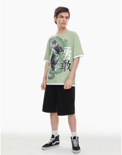 Оливковая футболка с аниме принтом для мальчика Gloria jeans