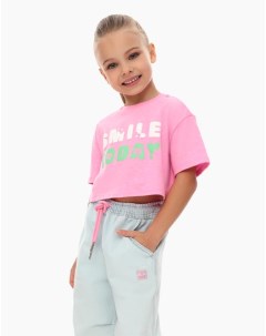Розовая укороченная футболка oversize с принтом для девочки Gloria jeans