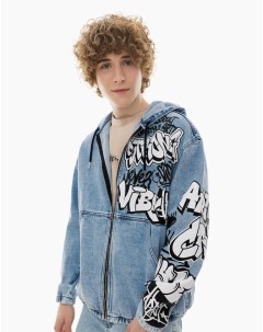 Джинсовый жакет куртка с капюшоном и граффити принтом для мальчика Gloria jeans