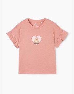Розовая футболка оверсайз с оборками и стразами для девочки Gloria jeans