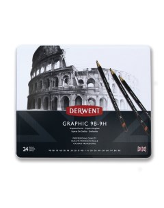 Набор карандашей чернографитных Graphic 24 шт 9Н 9В в металл коробке Derwent