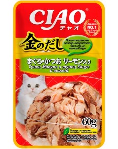Влажный корм для кошек Ciao Kin no dashi Тунец Магуро и тунец Кацуо с семгой 60г Inaba petfood