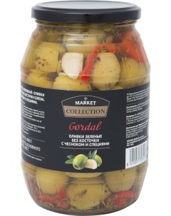 Оливки Market Collection Gordal без косточки с чесноком и специями 800г Aceitunas guadalquivir
