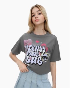 Серая укороченная футболка oversize с граффити принтом для девочки Gloria jeans
