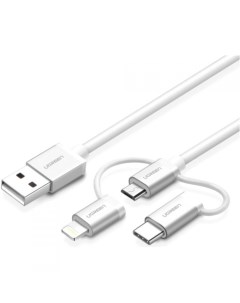 Кабель интерфейсный 50203 3 in 1 USB 2 0 A to micro USB Lightning Type C в оплетке 1 5 м серебристый Ugreen