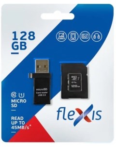 Карта памяти 128GB FX128GMSDXCU1 Class10 U1 c адаптером USB картридером чёрная Flexis
