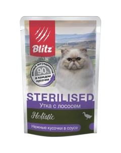 Корм для кошек Holistic для стерилизованных утка с лососем кусочки в соусе пауч 85г Blitz