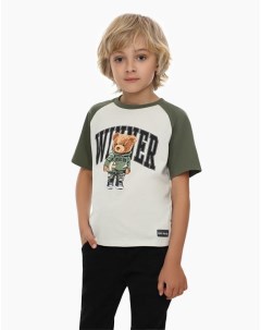 Бежевая футболка с принтом Bear и рукавами реглан для мальчика Gloria jeans
