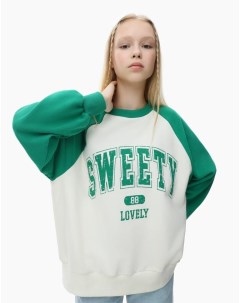 Молочно зелёный свитшот oversize с принтом Sweety для девочки Gloria jeans