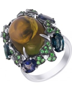 Кольцо с россыпью цветных и драгоценных камней из белого золота Джей ви