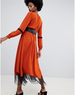 Платье миди с поясом и сетчатой вставкой по нижнему краю Sisley