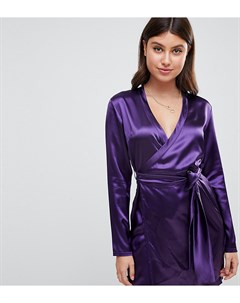 Фиолетовое атласное платье мини с длинными рукавами и запахом Boohoo