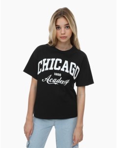 Чёрная футболка oversize с колледж принтом для девочки Gloria jeans