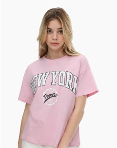 Розовая футболка oversize с колледж принтом для девочки Gloria jeans