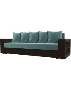 Диван прямой Дубай лайт полки справа (основа Велюр Бирюзовый, компаньон экокожа коричневая) 114375 Лига диванов