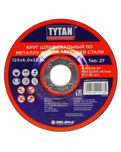 Круг шлифовальный по металлу и нержавеющей стали Professional диаметр 125х6 мм посадочный диаметр 22 Tytan