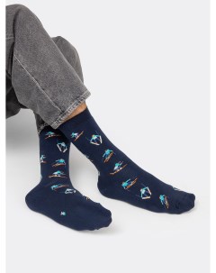 Махровые мужские носки темно синего цвета с принтом в виде лыжников Mark formelle