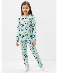 Хлопковая пижама для девочек лонглсив и брюки в ментоловом цвете с пандами Mark formelle