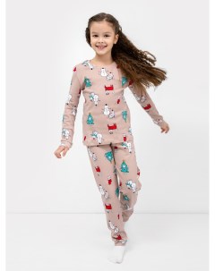 Хлопковая пижама для девочек лонглсив и брюки разноцветная с новогодними героями Mark formelle