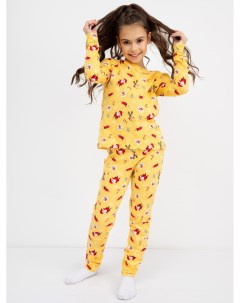 Хлопковая пижама для девочек лонглсив и брюки в цвете золотистый с новогодним принтом Mark formelle