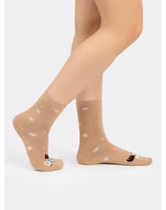 Высокие махровые носки в оттенке капучино с новогодним дизайном Mark formelle