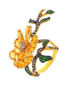 Кольцо Цветок с цитринами бриллиантами и цаворитами из жёлтого золота Джей ви