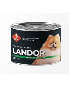 Полнорационный консервированный влажный корм для собак мелких пород Кролик со шпинатом 200 г Landor