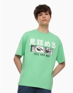 Зелёная футболка oversize с аниме принтом для мальчика Gloria jeans