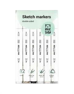 Набор двусторонних маркеров для скетчинга Серые цвета, 12 штук, в пластиковом боксе Meshu